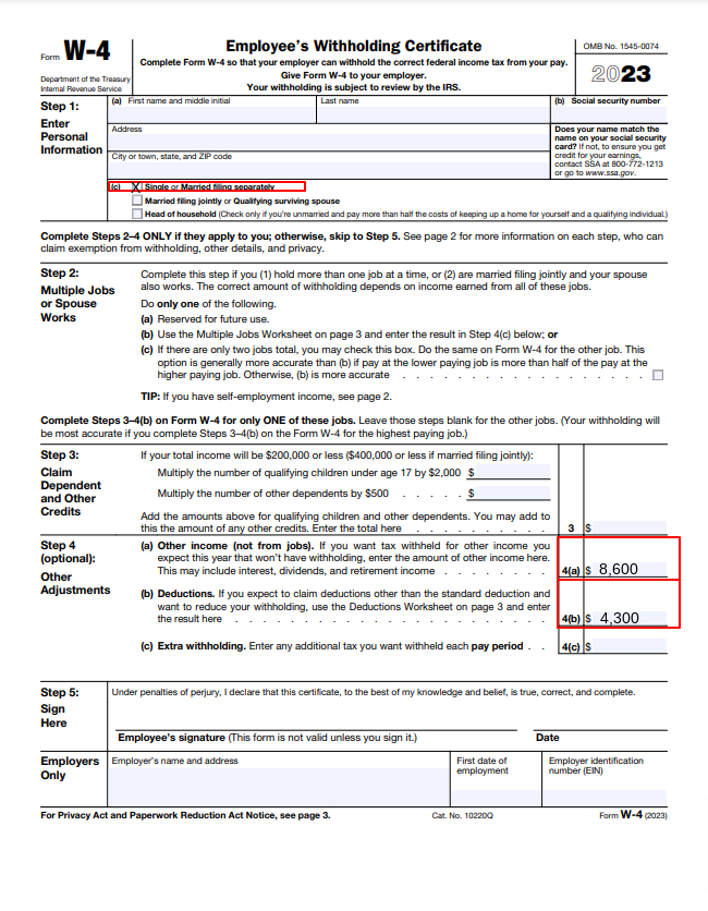 w4 nd deduction worksheet calculator
