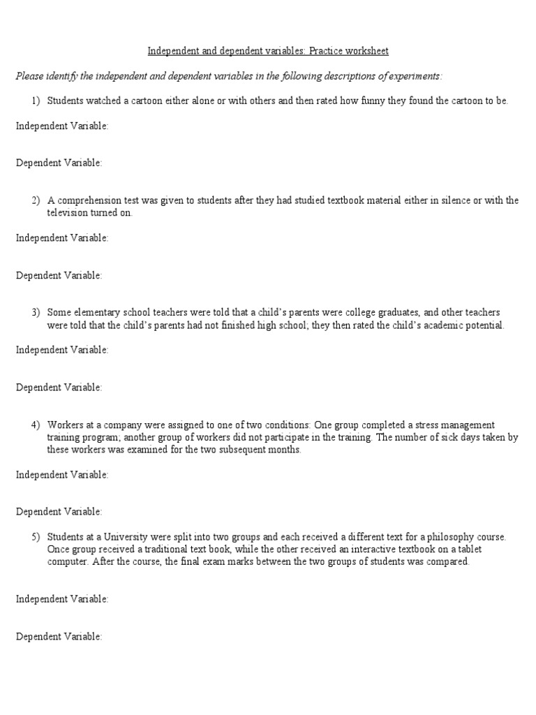02 Assignment Variable Worksheet PDF Experiment Dependent 