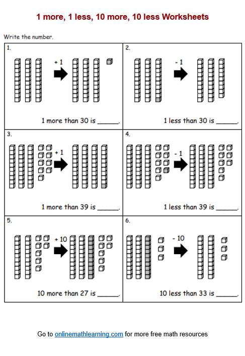 10 more and 10 less worksheets