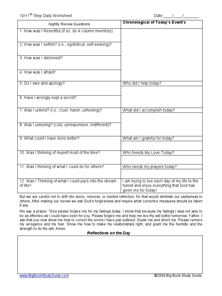 10th step worksheet