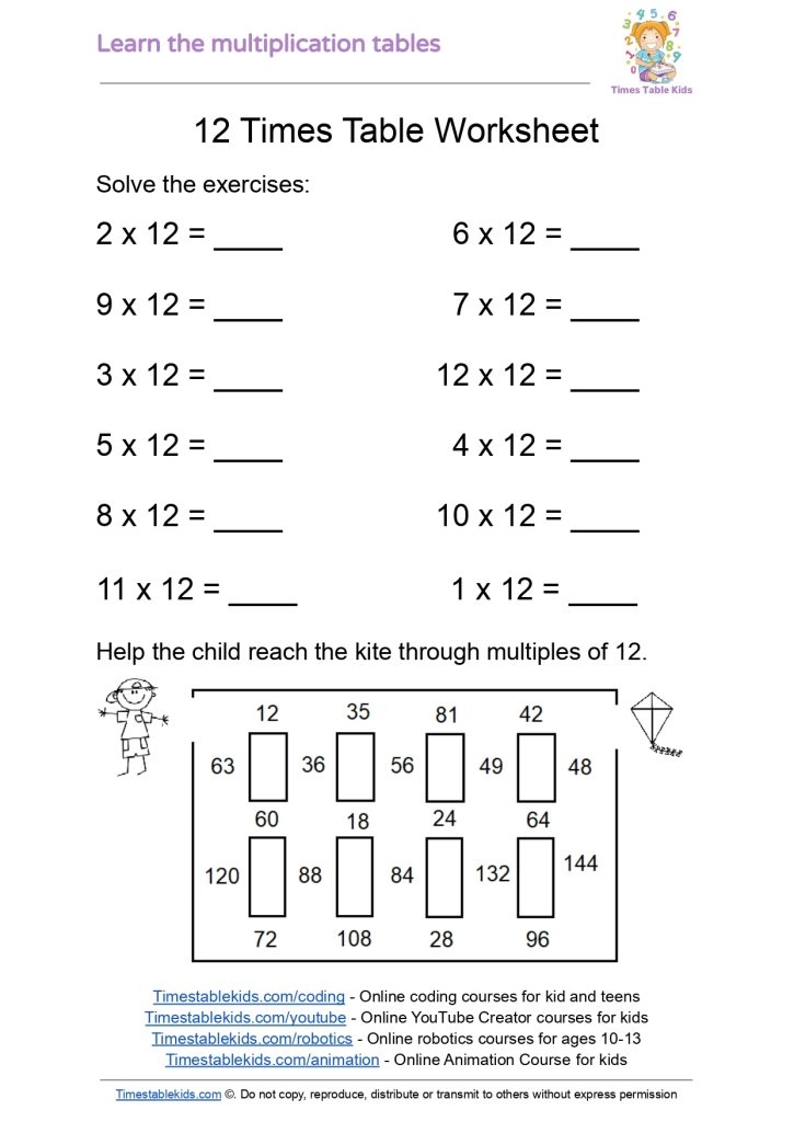 12 Times Table 1 2 Times Tables Kids Worksheets Library