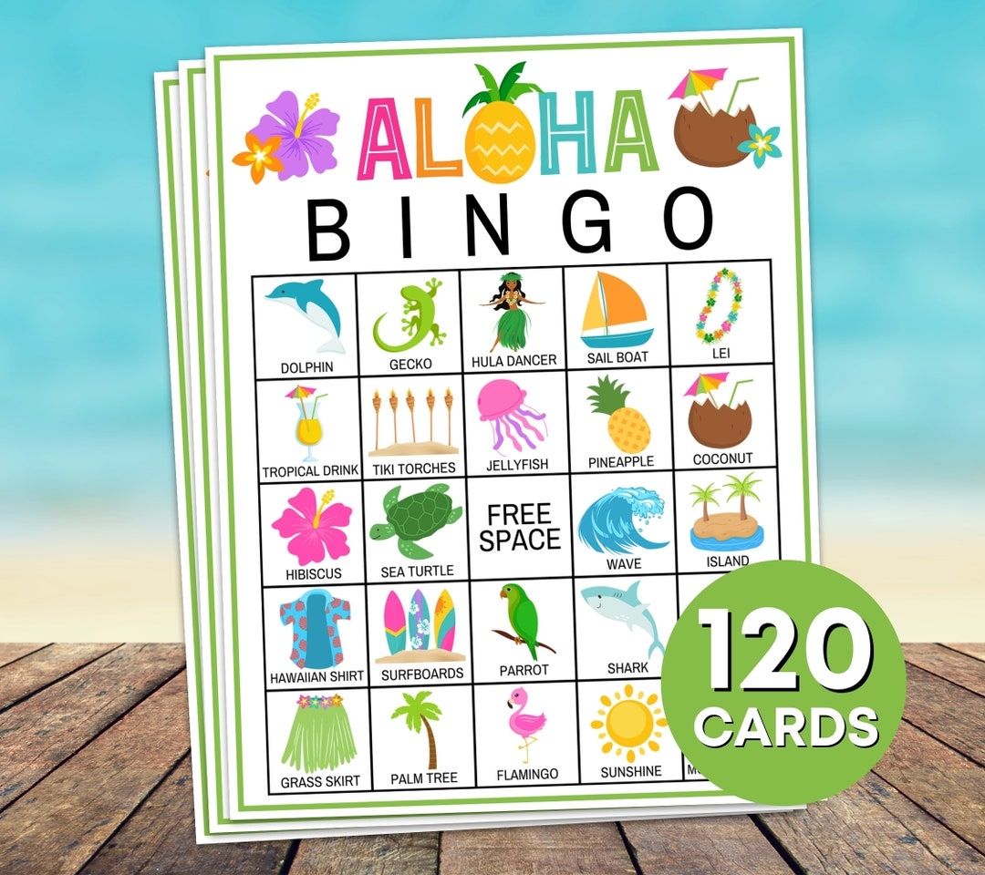 120 Aloha Bingo Cards Printable Game Luau Hawaiian Birthday Party