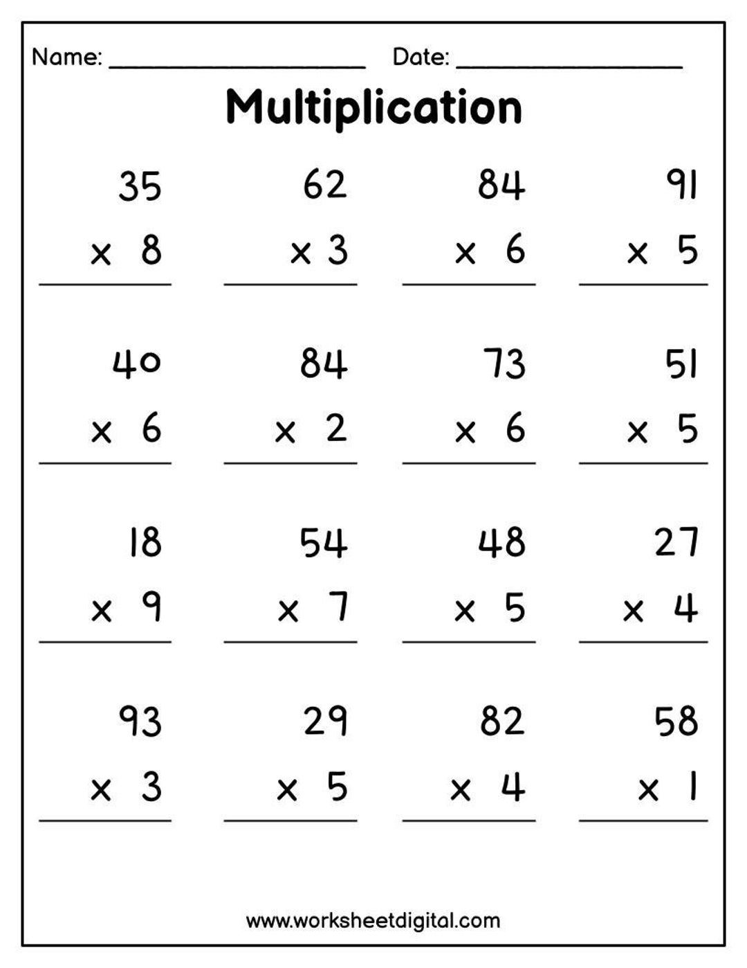 2 digit by one digit multiplication worksheets