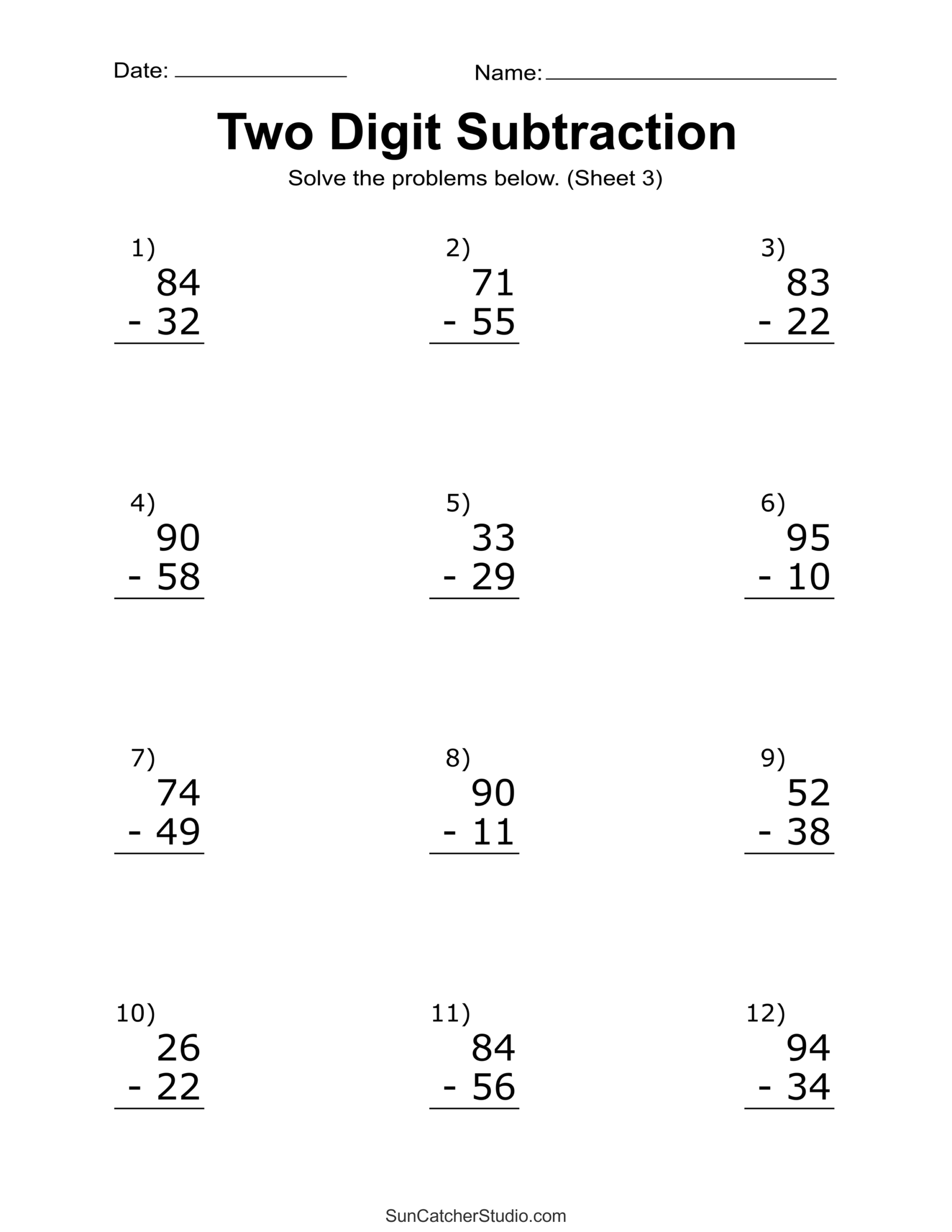 3 digit subtraction worksheets