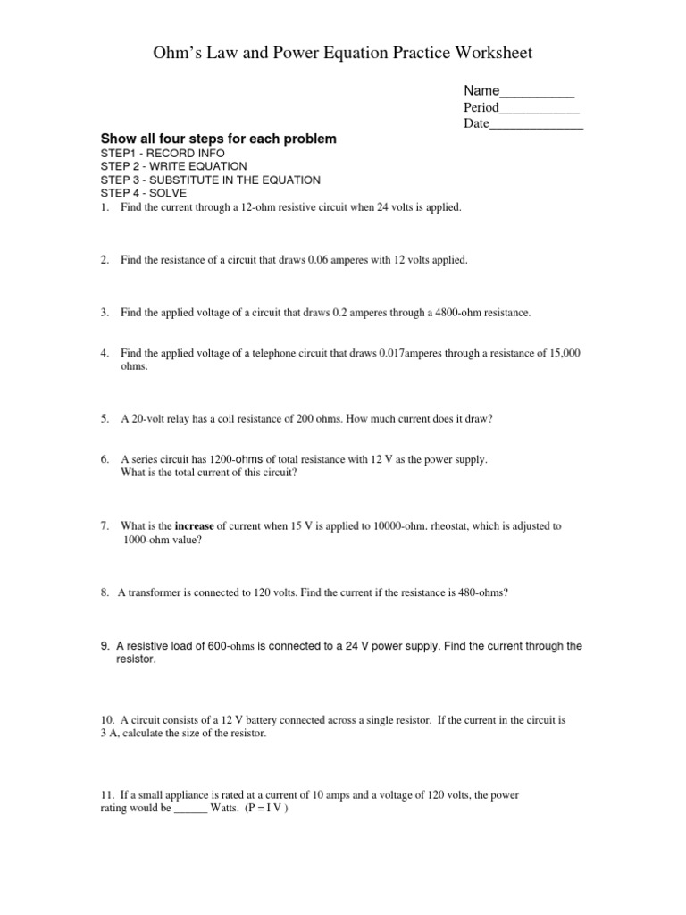 3 1 5b Ohms Law Worksheet PDF Resistor Volt Worksheets Library