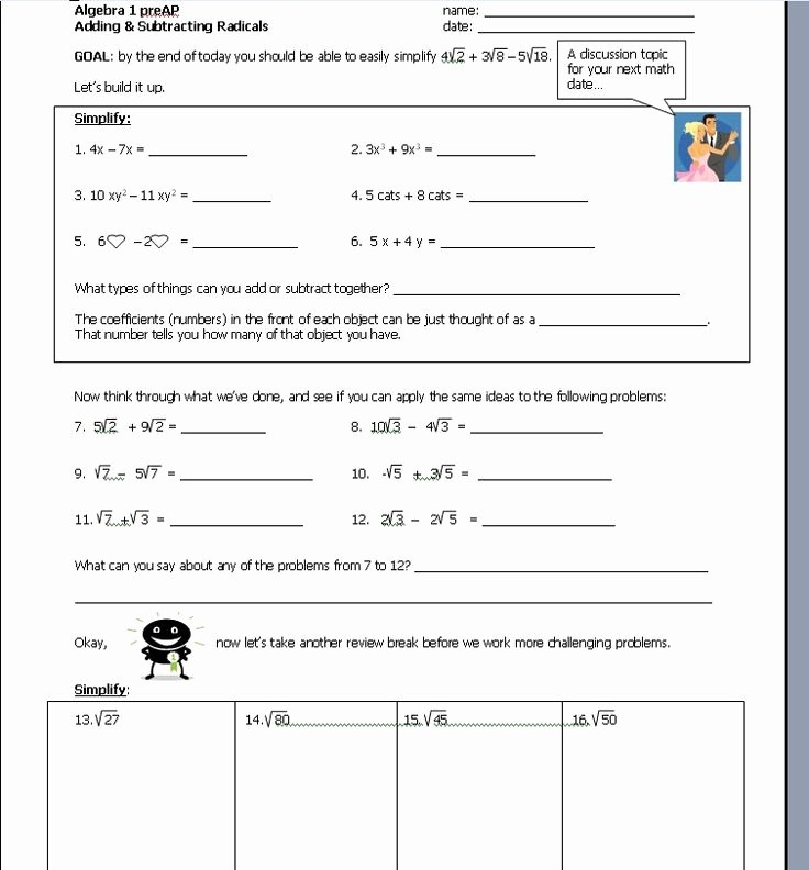 adding and subtracting radicals worksheet