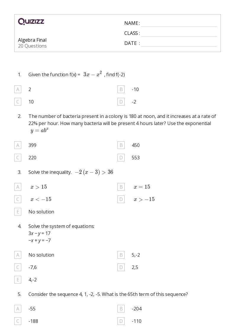 50 Algebra Worksheets For 8th Grade On Quizizz Free Printable 