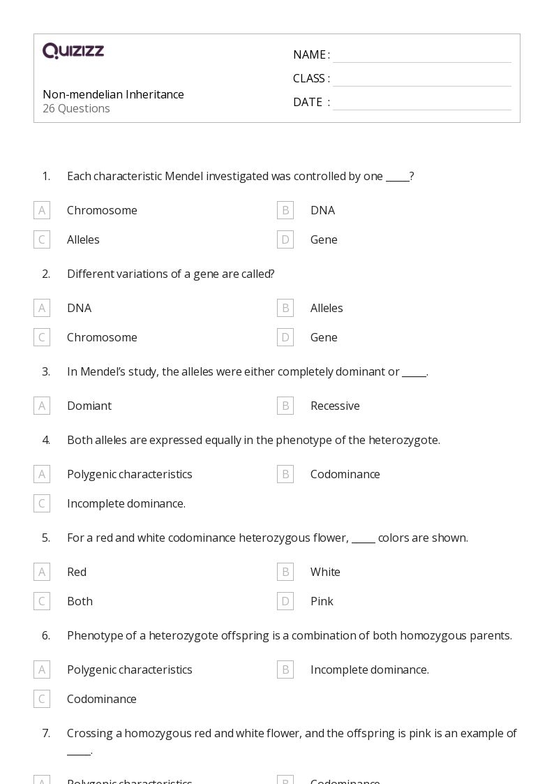 50 Non Mendelian Inheritance Worksheets For 12th Grade On Quizizz 