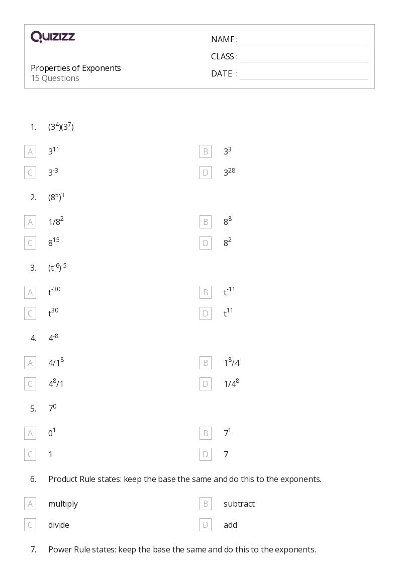 50 Properties Of Exponents Worksheets For 7th Class On Quizizz