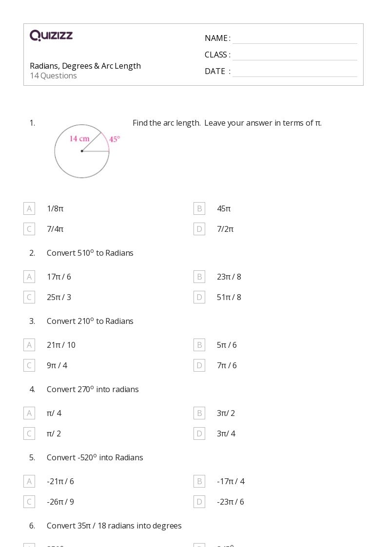50 Radians And Arc Length Worksheets For 11th Class On Quizizz 