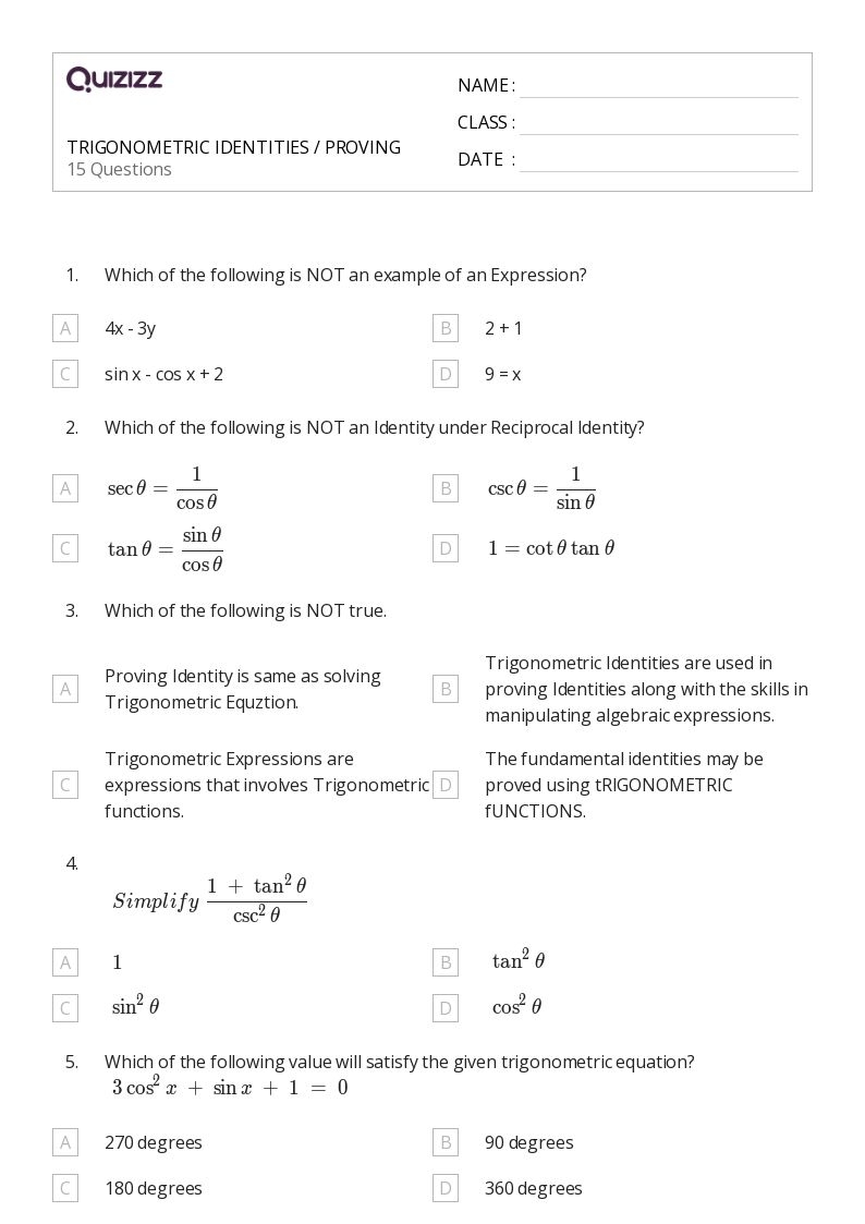 50 Trigonometric Identities Worksheets On Quizizz Free Printable