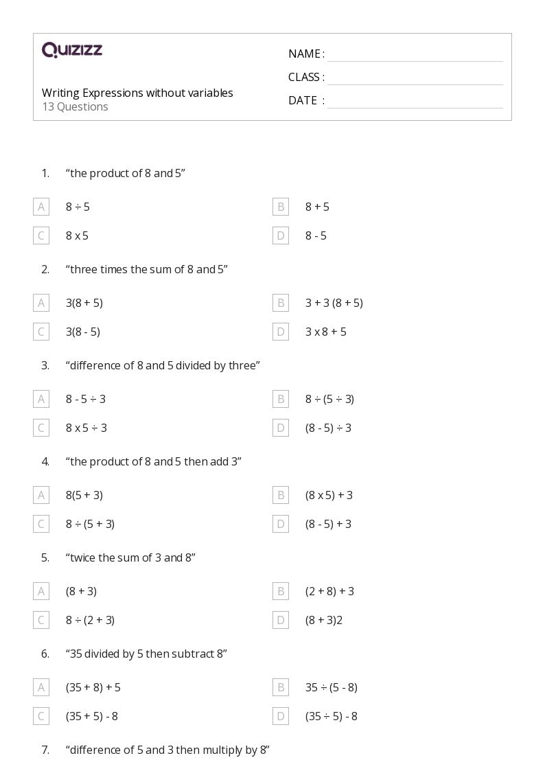50 Writing Expressions Worksheets On Quizizz Free Printable 