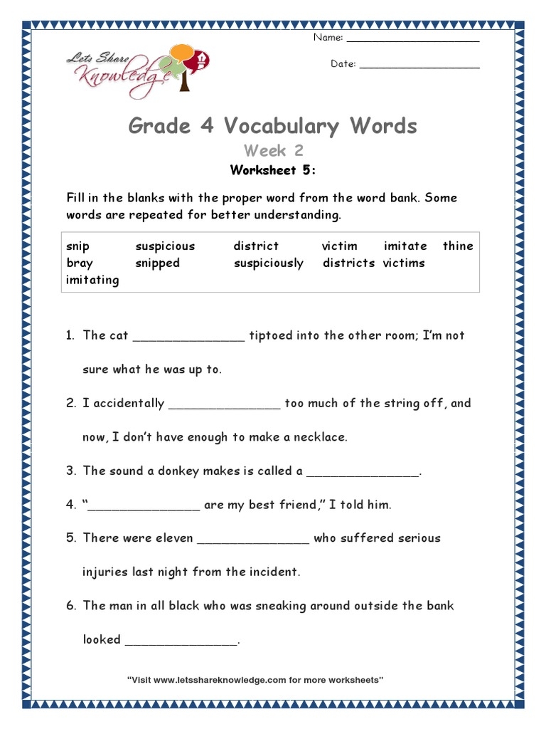 5th grade vocabulary worksheets