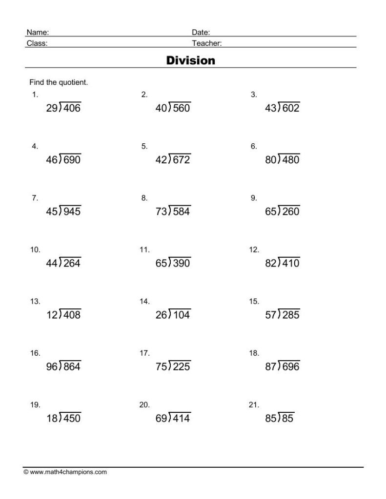 6th grade division worksheets