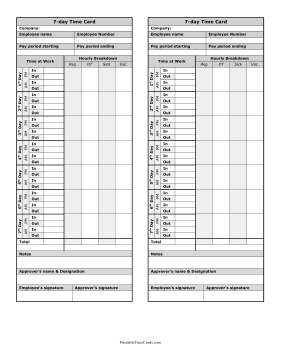 7 Day Time Card Hourly Breakdown Time Card