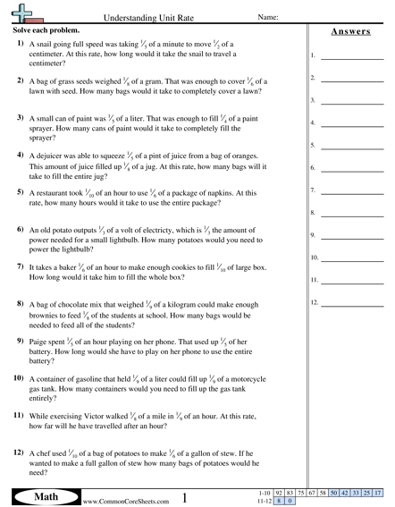 7th Grade Unit Rate Worksheets Worksheets Master