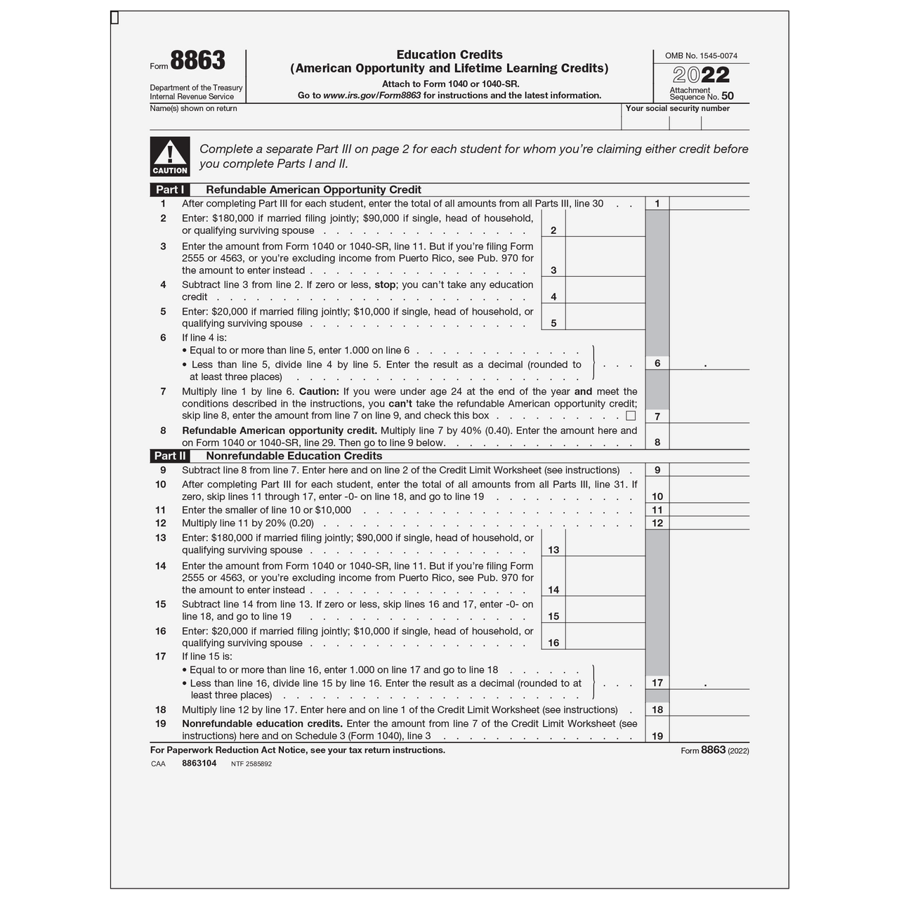 8863104 Form 8863 Education Credits Page 1 2 Worksheets Library