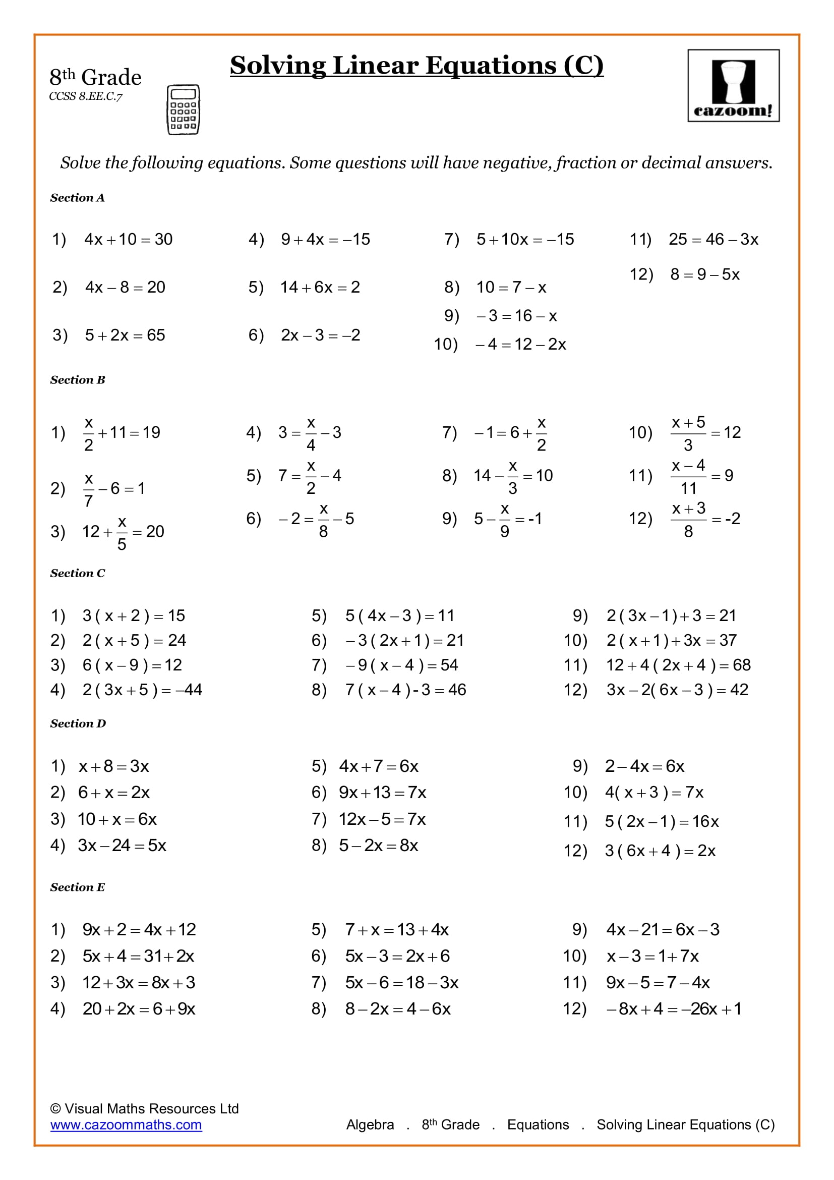 8th grade math equations worksheets