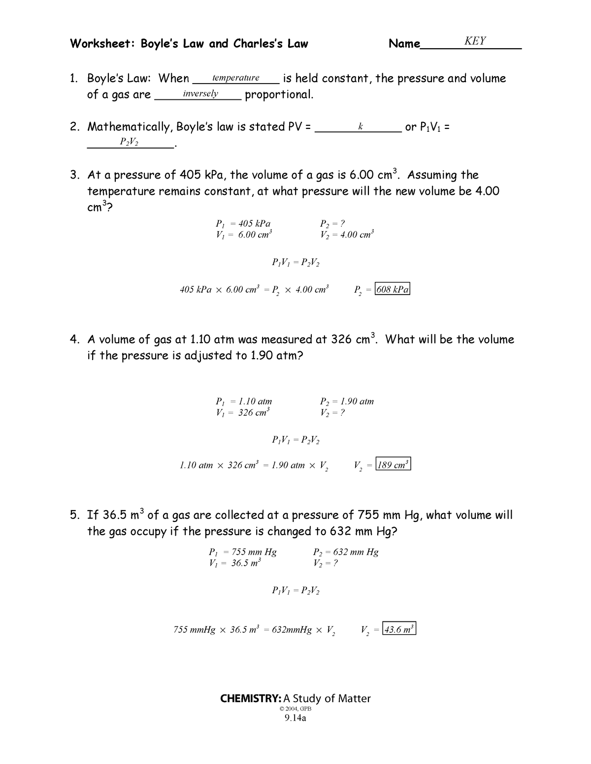 9 14a b Boyles Law And Charless Law Wkst Key Worksheet Boyles 