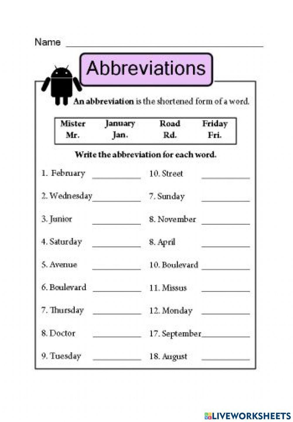 Abbreviations Grammar Exercise Live Worksheets Worksheets Library