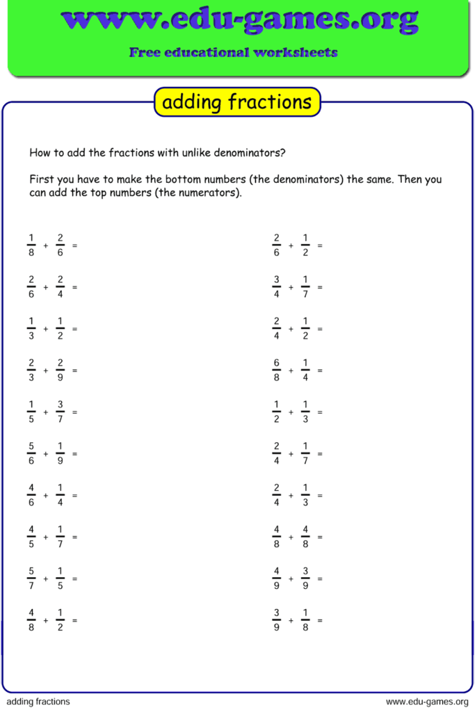 addition and subtraction of fractions with unlike denominators worksheets