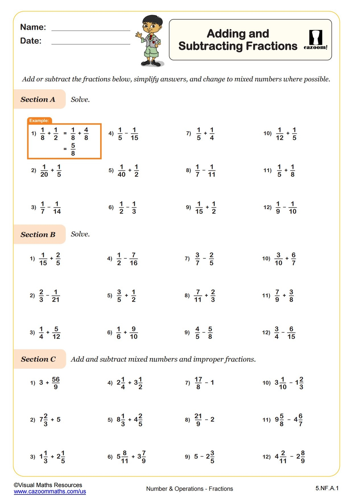 adding subtracting mixed fractions worksheet