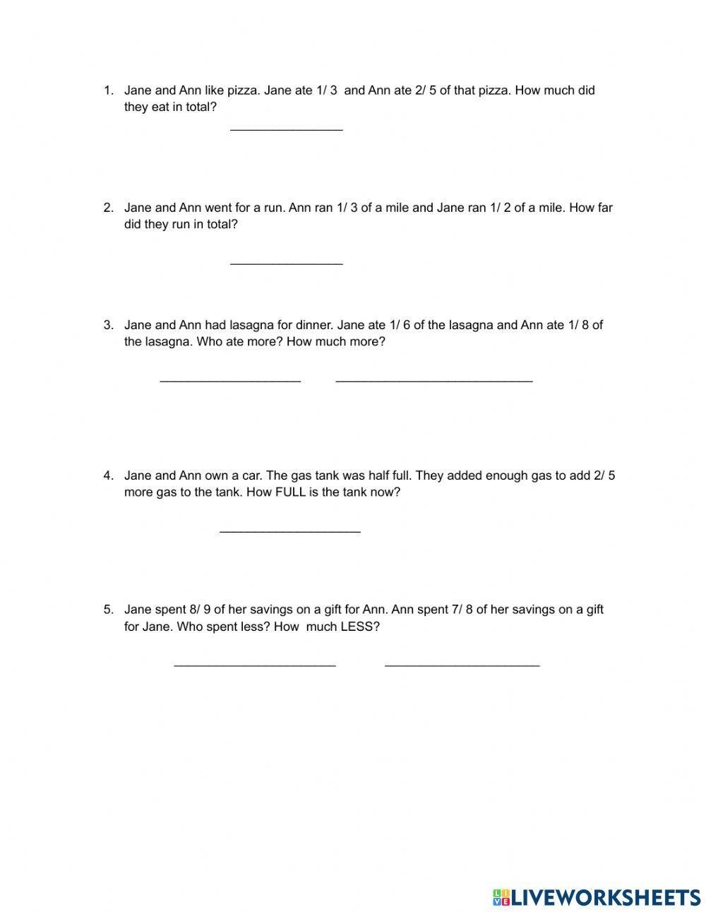 adding subtracting fractions with unlike denominators worksheet