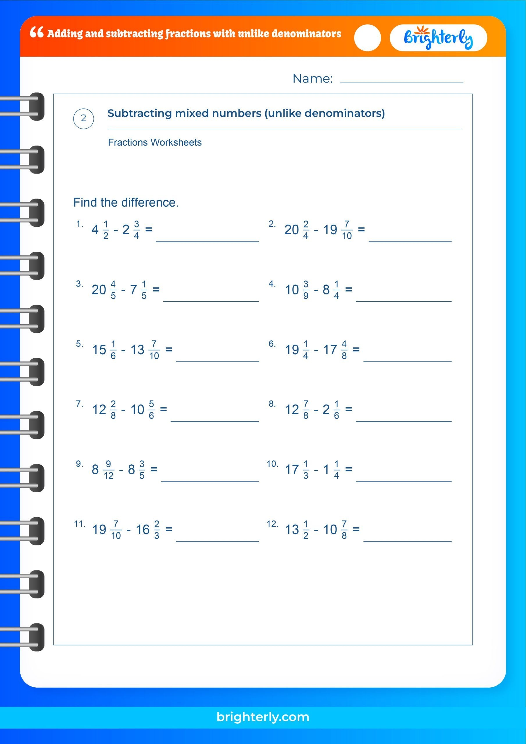 fractions adding and subtracting unlike denominators worksheets