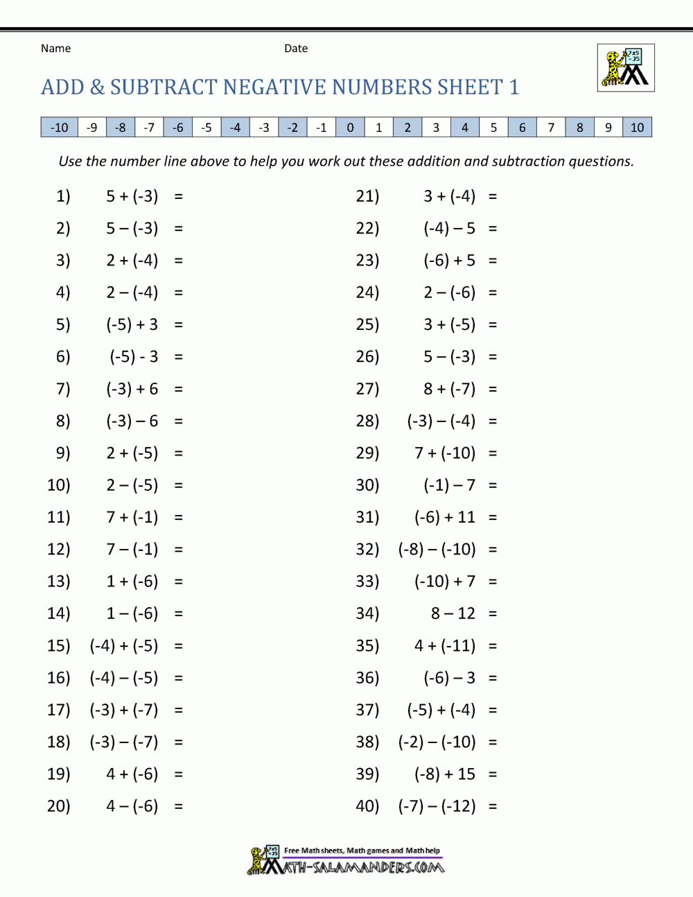 Adding And Subtracting Mixed Integers From 12 To 12 25 Questions 
