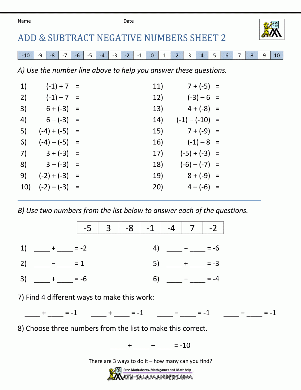 Adding And Subtracting Negative Numbers Worksheets Library