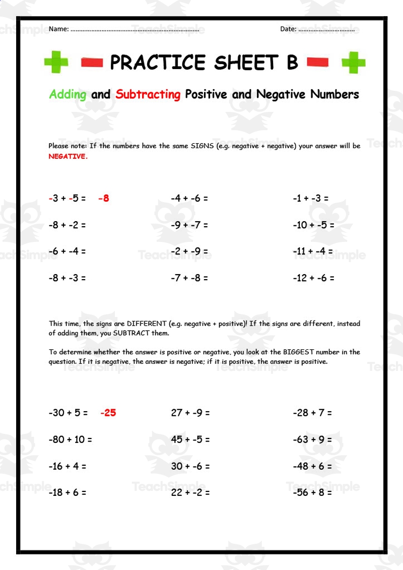 adding and subtracting positive and negative numbers worksheet