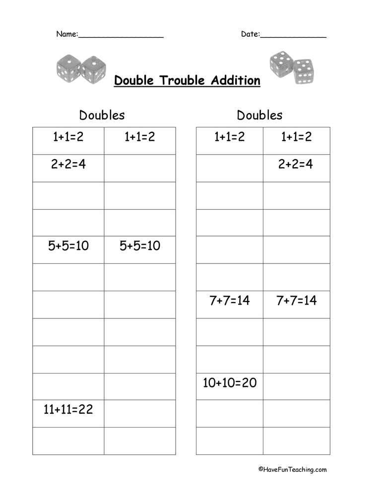 doubles worksheet