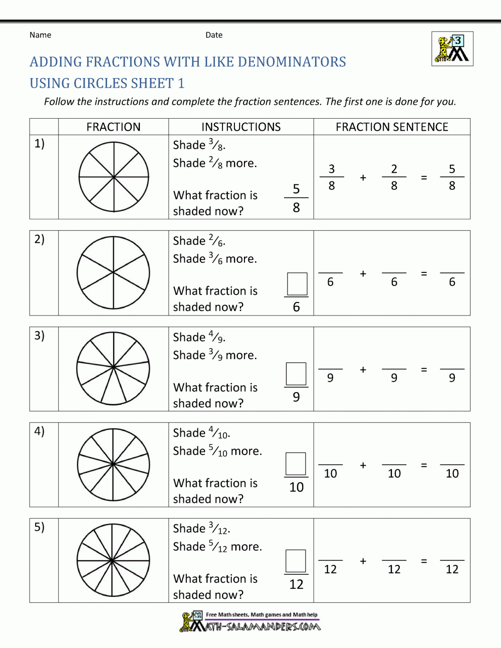 Adding Fractions With Like Denominators Worksheets Worksheets Library