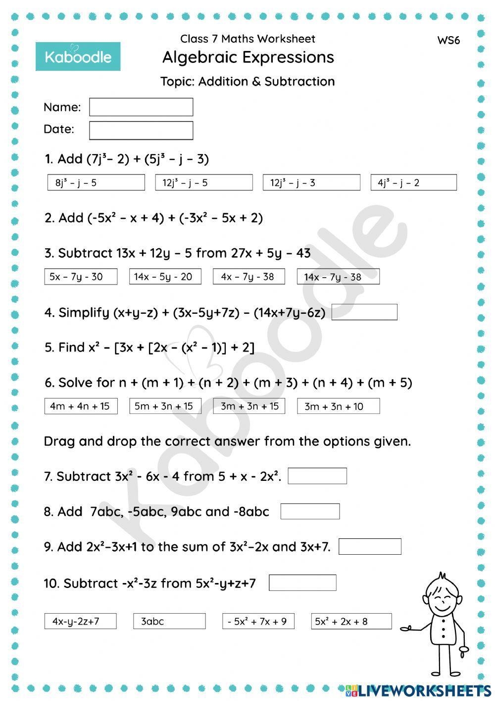 Addition And Subtraction Of Algebraic Expressions Worksheets