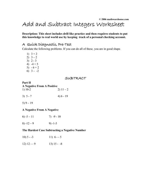 add and subtract integers worksheet