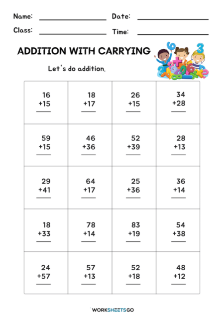 Addition With Carrying Worksheets WorksheetsGO