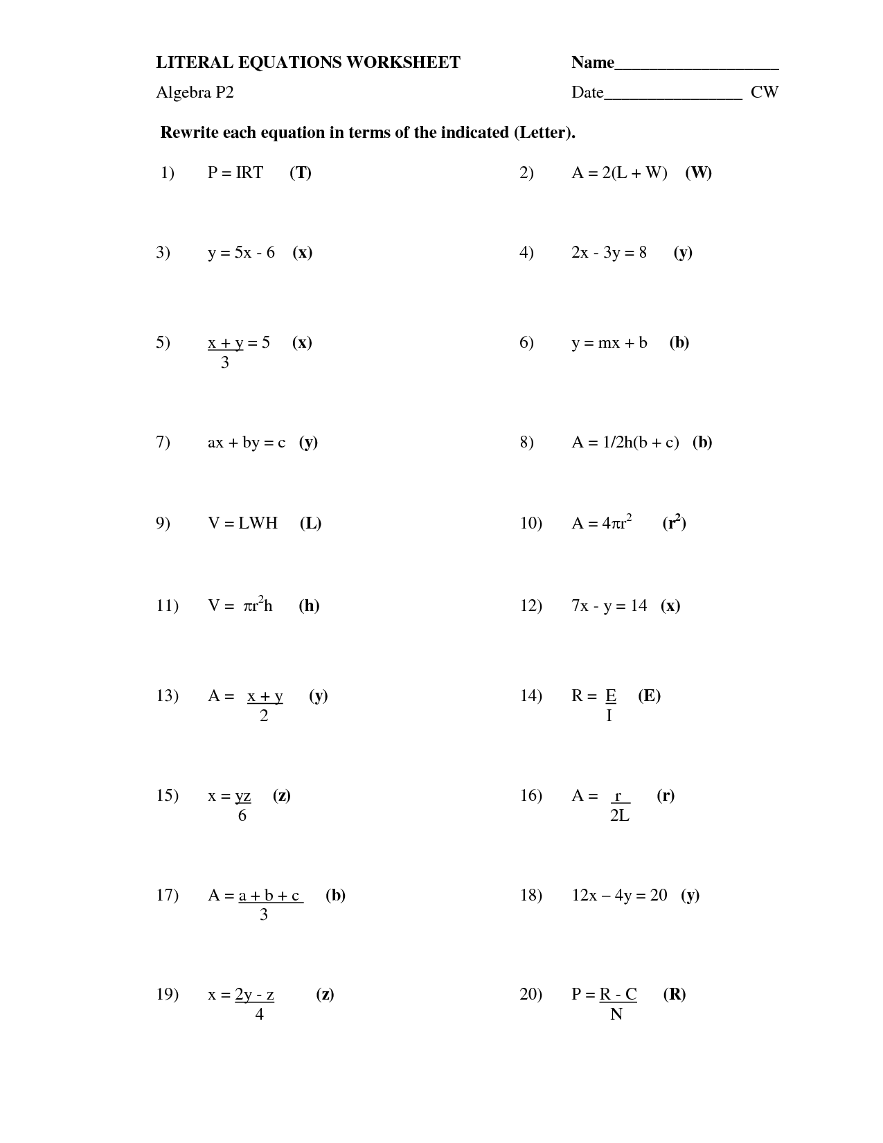 algebraic equations worksheet