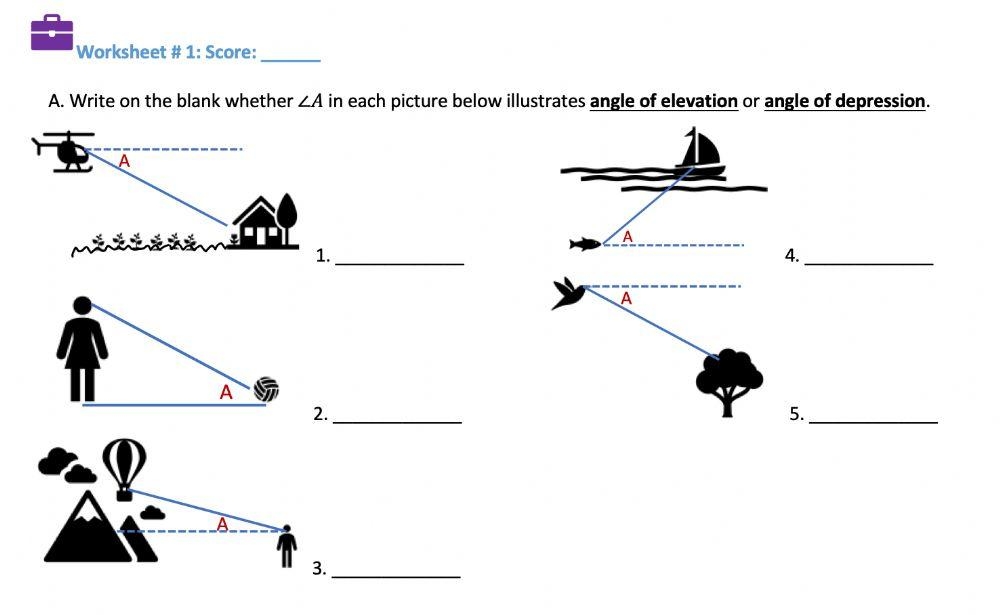 Angles Of Elevation And Depression Worksheet For 10th Grade