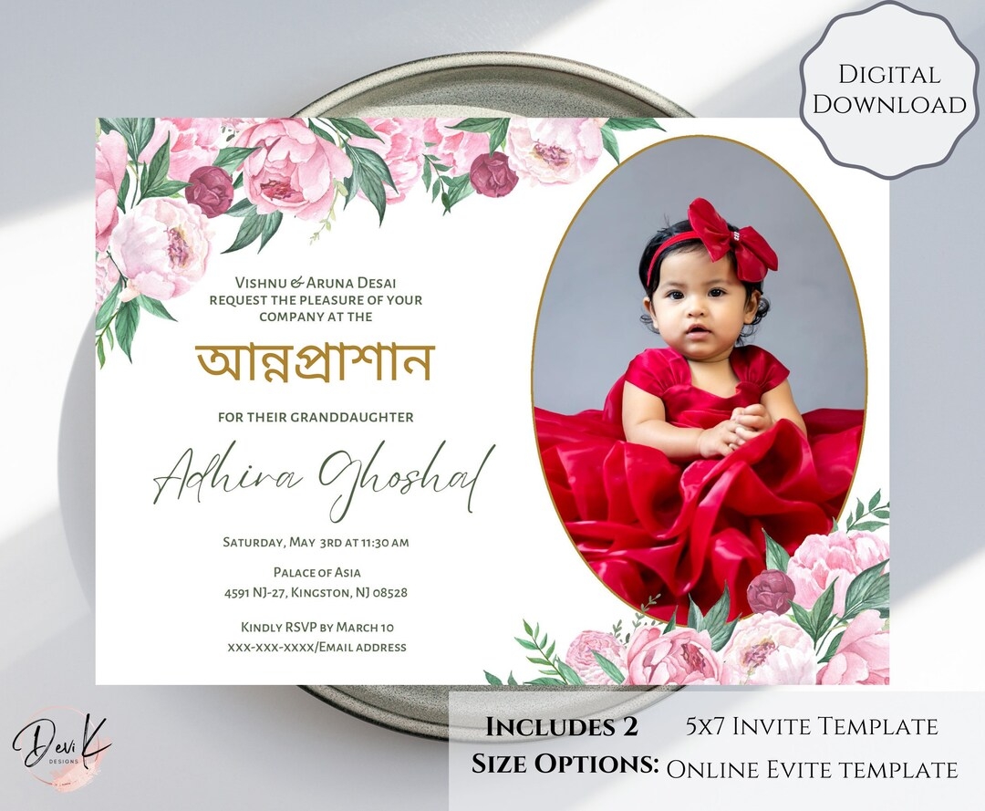 Annaprashan Invitation Template First Rice Ceremony Pink Floral 