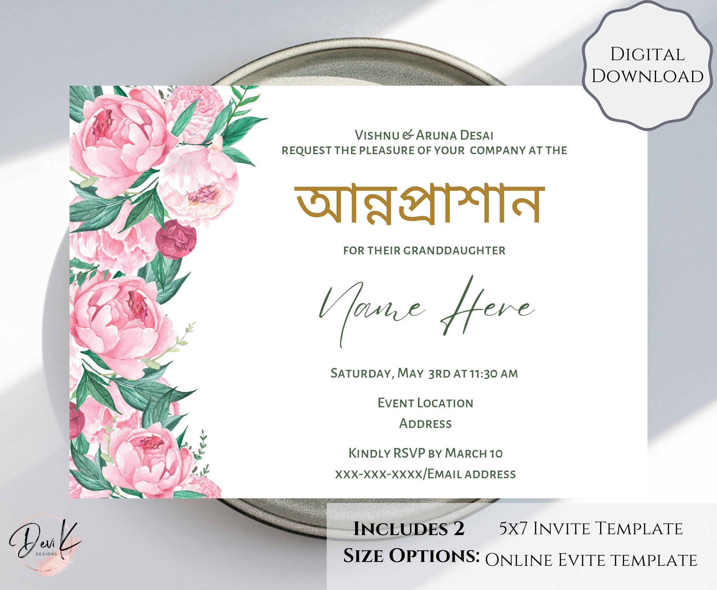 Annaprashan Invitation Template First Rice Ceremony Pink Floral 