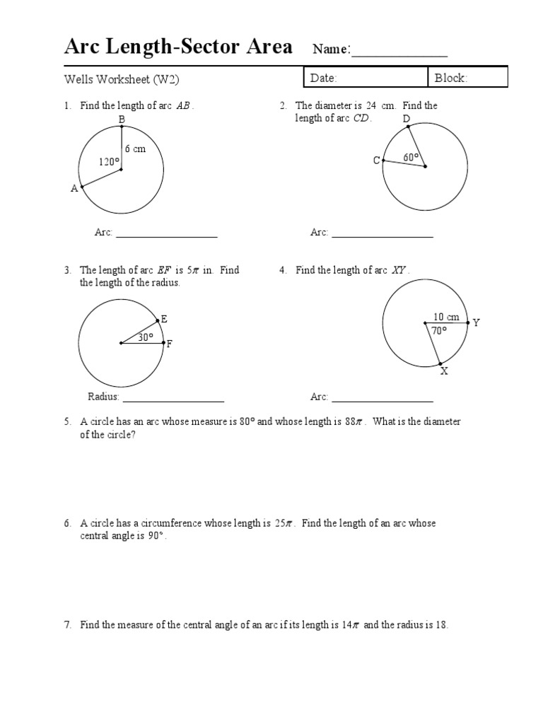 Arc Length Sector Area Wells Worksheet Given PDF PDF Worksheets