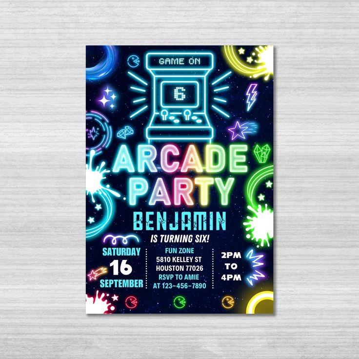Arcade Birthday Invitation Template Arcade Invitation Neon Glow