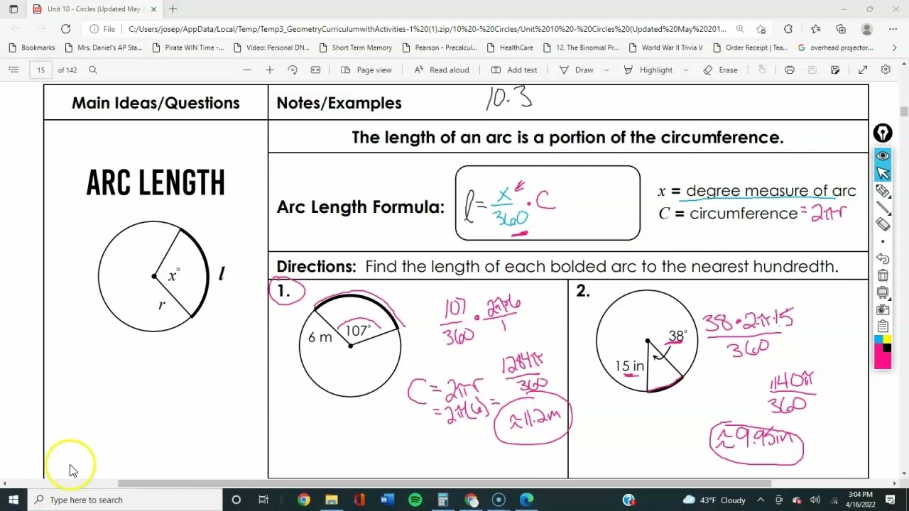 arc length worksheet