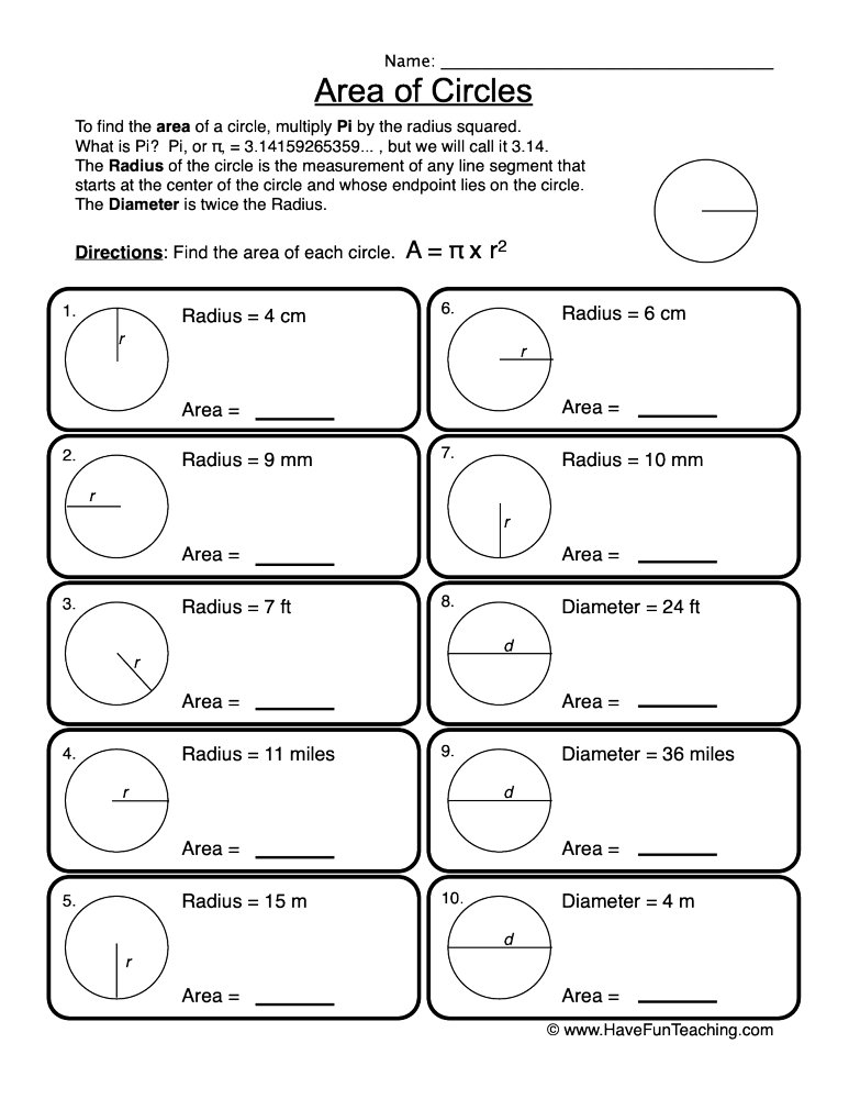 area of circles worksheet