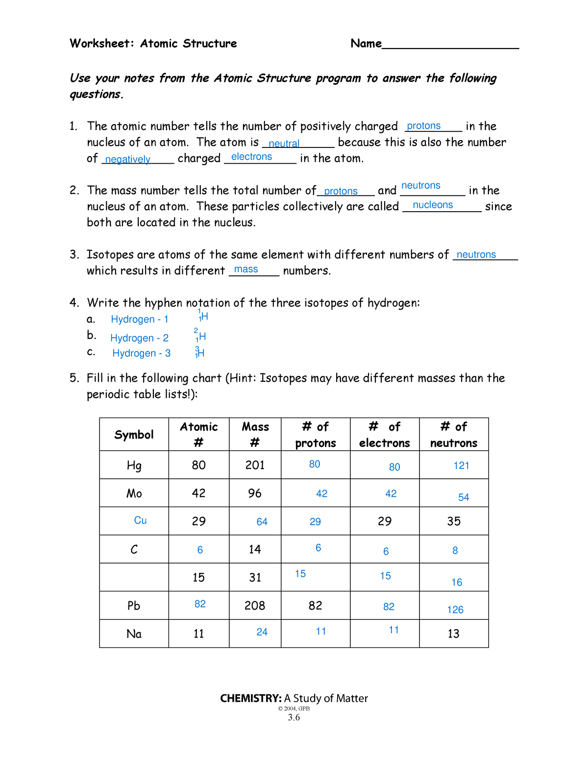 atomic structure worksheet and answers