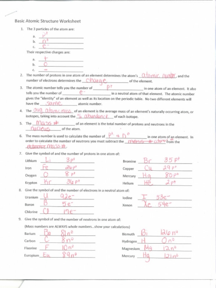 atomic structure worksheet answer key
