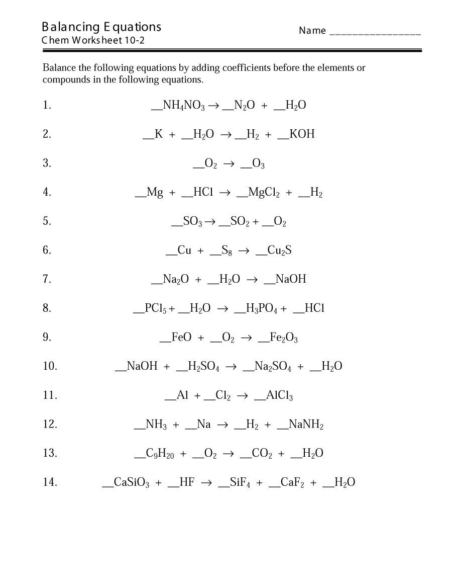 worksheet on balancing chemical equation