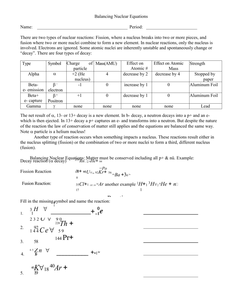 Balancing Nuclear Equations Worksheet Answers