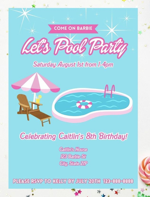 Barbie Birthday Invitation Pool Party Etsy
