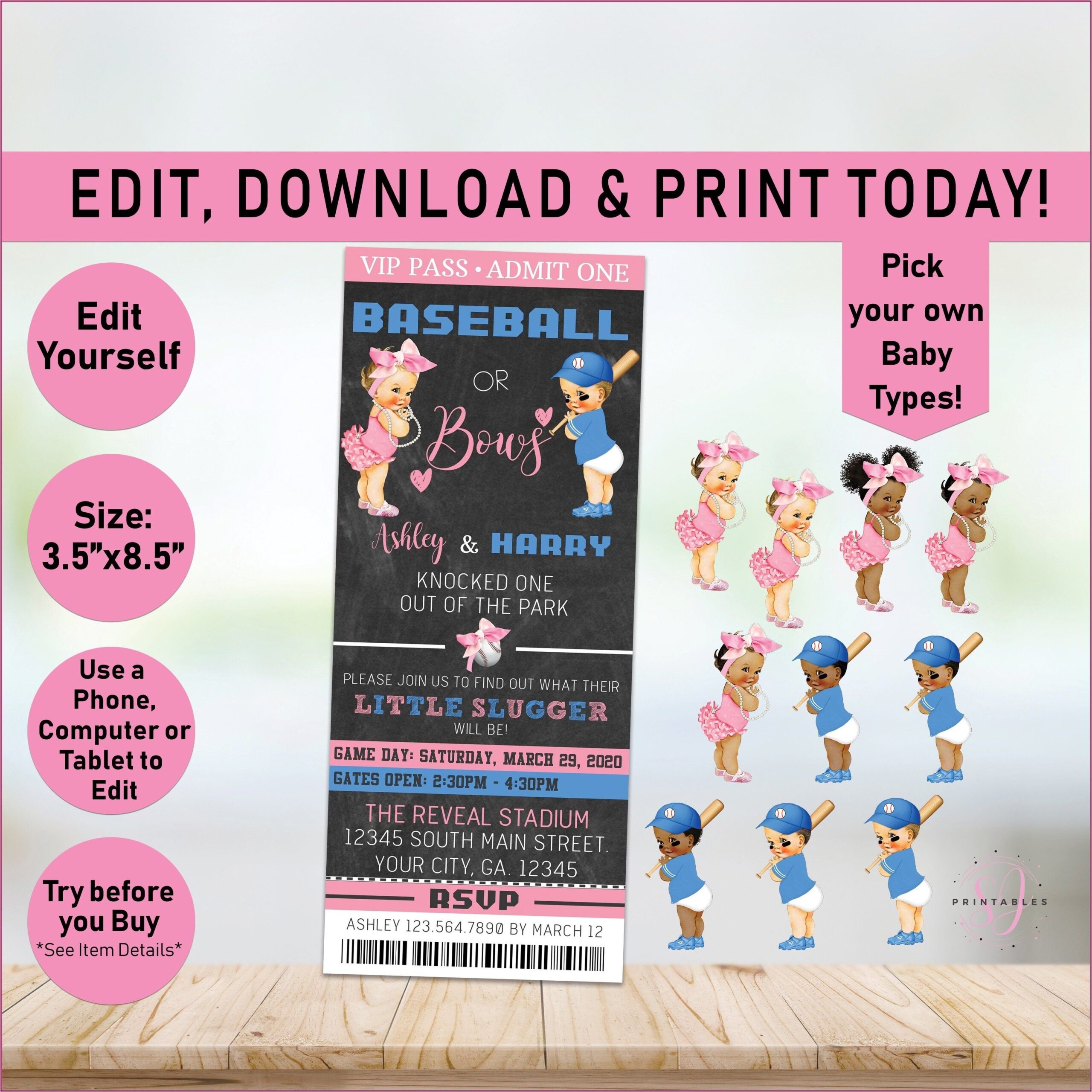 Baseball Or Bows Gender Reveal Invitations Template Invitations 